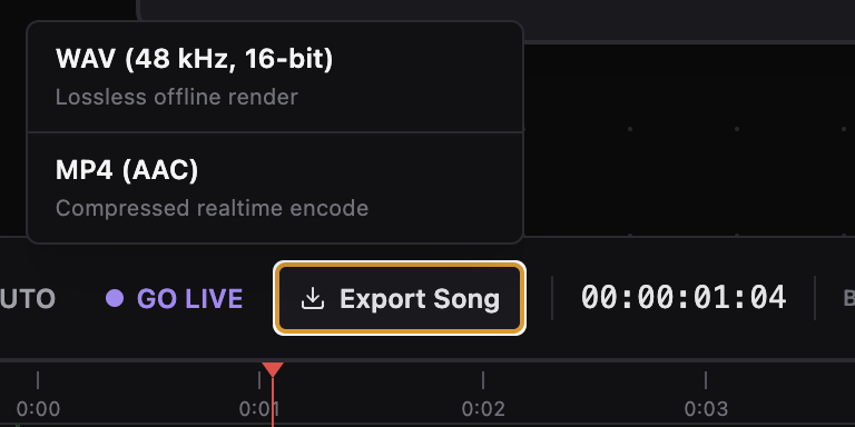 Lyria Studio export song menu